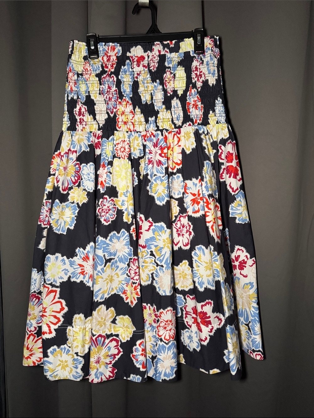 Floral Smocked Waist Skater Skirt - Black with Red, Yellow & Blue Flowers